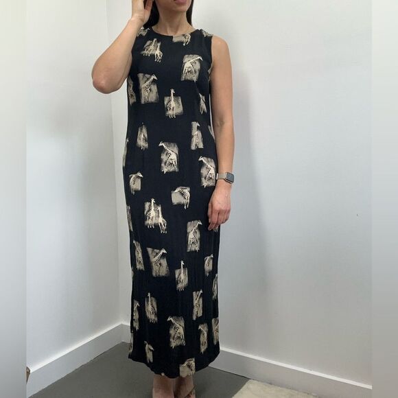 Vintage 90's Black Crinkle Safari Giraffe Theme Sleeveless Maxi/Midi Dress 8 - Picture 3 of 10